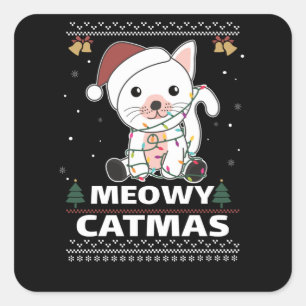 Pegatina Cuadrada Merry Catmas Funny Cat Navidades Pun Gatos