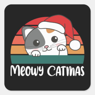Pegatina Cuadrada Merry Catmas Funny Cat Navidades Pun Square Sticke