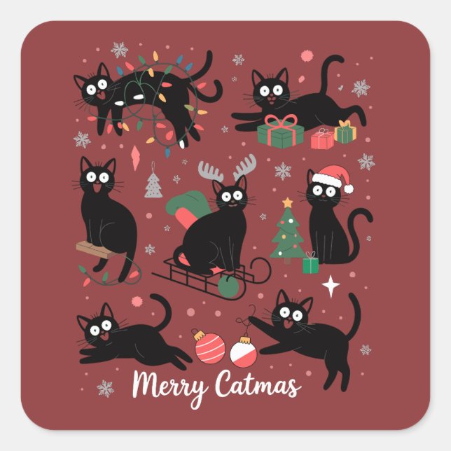 Pegatina Cuadrada Merry Catmas Funny Christmas Black Cat Lover (Anverso)