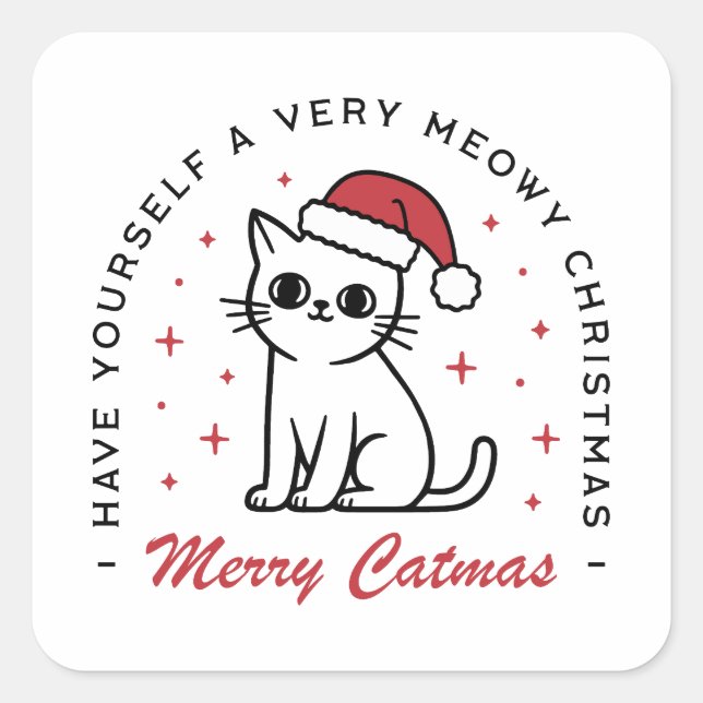 Pegatina Cuadrada Merry Catmas Navidades mowy gato (Anverso)