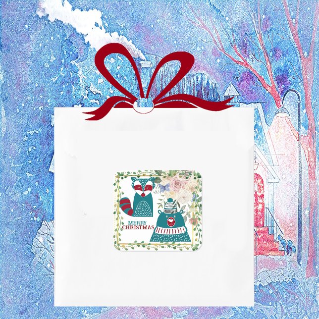 Pegatina Cuadrada Merry Christmas Bear Fox Floral decorativa nórdica (Merry Christmas Bear Fox Nordic Decorative Floral Square Sticker)