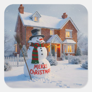 PEGATINA CUADRADA MERRY CHRISTMAS BIG SNOWMAN WINTER SCENE