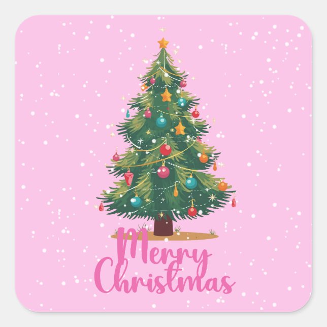 Pegatina Cuadrada Merry Christmas, Christmas Tree, Holiday, Pink (Anverso)