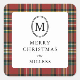 Pegatina Cuadrada Merry Christmas Classic Red Plaid Monogram