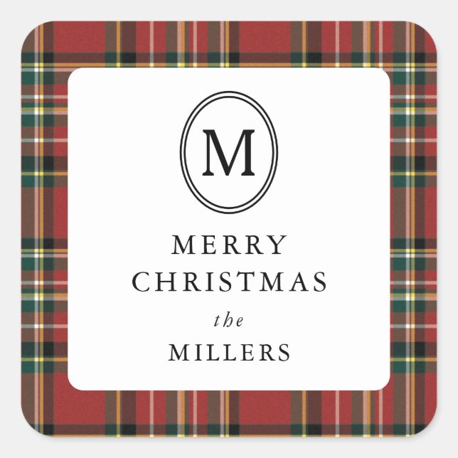 Pegatina Cuadrada Merry Christmas Classic Red Plaid Monogram (Anverso)