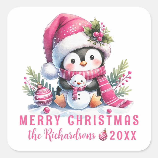Pegatina Cuadrada Merry Christmas Custom Name White Pink Penguin (Anverso)