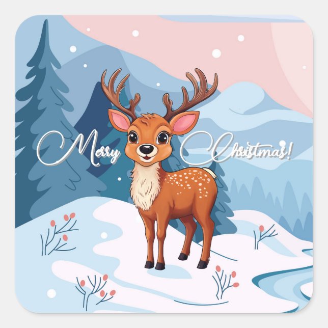 Pegatina Cuadrada Merry Christmas Cute Cartoon Reindeer in winter  (Anverso)