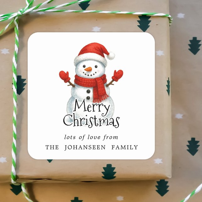 Pegatina Cuadrada Merry Christmas Cute Snowman Black Typography (Subido por el creador)