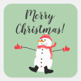 Pegatina Cuadrada Merry Christmas Cute Snowman on Sage Green