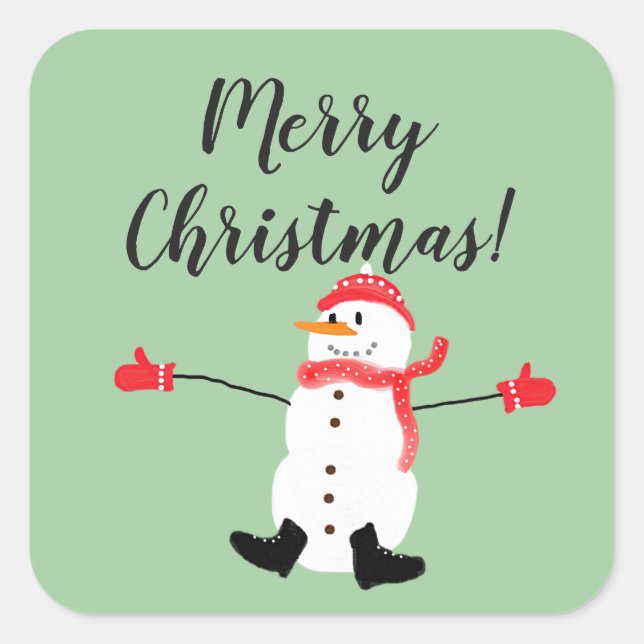 Pegatina Cuadrada Merry Christmas Cute Snowman on Sage Green (Anverso)