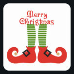 Pegatina Cuadrada Merry Christmas Elf Feet<br><div class="desc">Pies de elfo en medias a rayas y zapatos rojos apuntados con el mensaje "Feliz Navidad"</div>