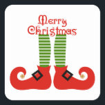 Pegatina Cuadrada Merry Christmas Elf Feet<br><div class="desc">Pies de elfo en medias a rayas y zapatos rojos apuntados con el mensaje "Feliz Navidad"</div>