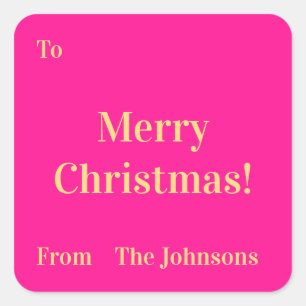 Pegatina Cuadrada Merry Christmas Family Name Hot Pink Gold