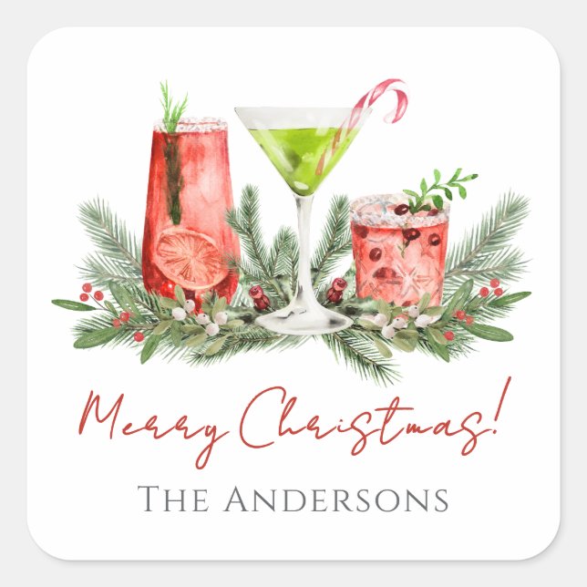 Pegatina Cuadrada Merry Christmas Festive Cocktails Holiday (Anverso)