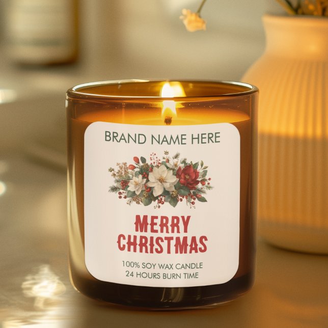 Pegatina Cuadrada Merry Christmas | Festive Flowers Candle Labels (Subido por el creador)