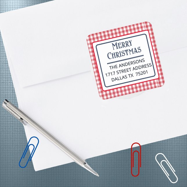 Pegatina Cuadrada Merry Christmas Gingham Plaid 1.5" Address Sticker (Subido por el creador)
