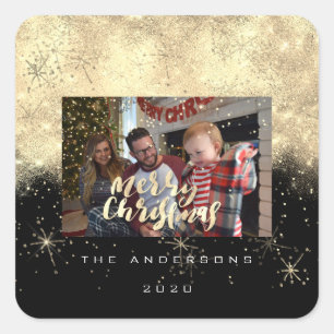 Pegatina Cuadrada Merry Christmas Gold Black Stars Spark Photo Name