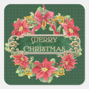 Pegatina Cuadrada Merry Christmas Gold Swirl Poinsettia Wreath Jewel