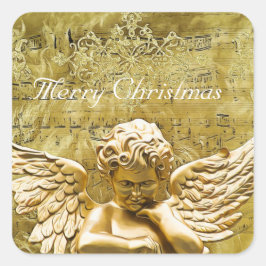 Pegatina Cuadrada Merry Christmas Golden Angel Musical Notes