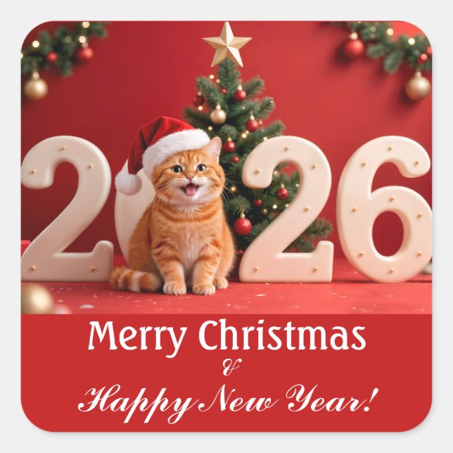 Pegatina Cuadrada Merry Christmas & Happy New Year, Red Santa Cat (Anverso)