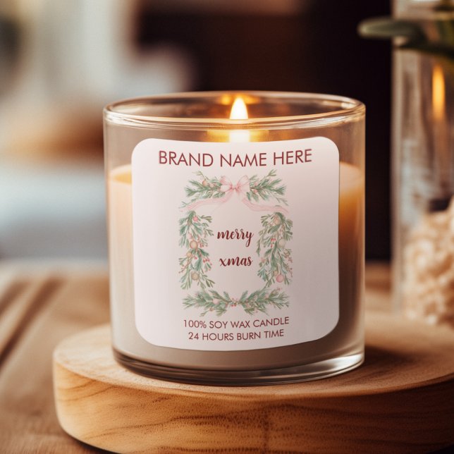 Pegatina Cuadrada Merry Christmas | Holiday Wreath Candle Labels (Subido por el creador)