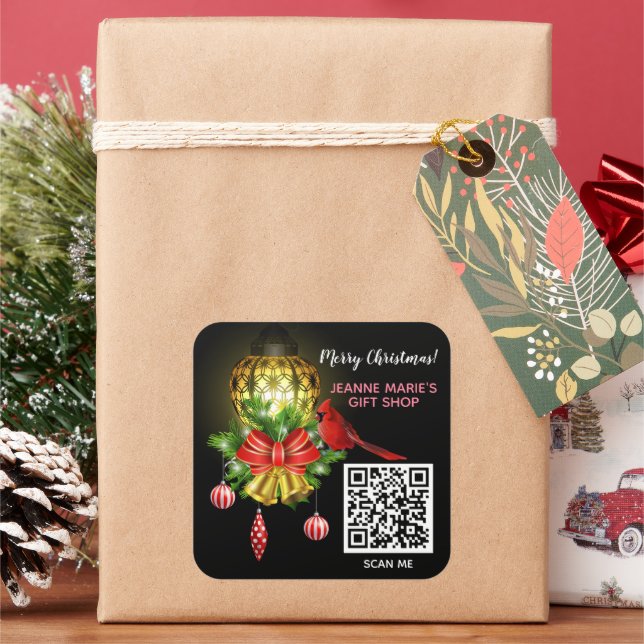 Pegatina Cuadrada Merry Christmas Lantern Cardinal Bird QR Code (Vacaciones)