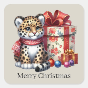 Pegatina Cuadrada Merry Christmas leopardo añadir texto