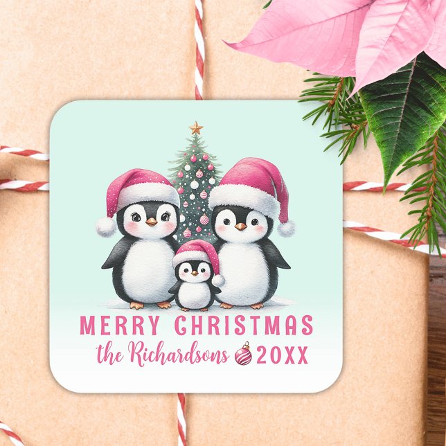 Pegatina Cuadrada Merry Christmas Mint Green y Pingüinos Cute Rosa (Subido por el creador)