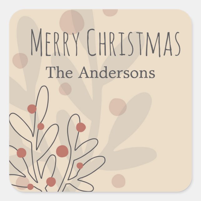 Pegatina Cuadrada Merry Christmas mistletoe and family name text (Anverso)