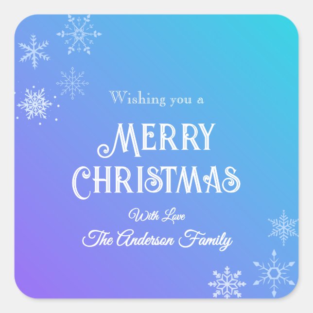 Pegatina Cuadrada Merry Christmas Modern  Snowflake Purple Blue (Anverso)