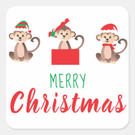 Pegatina Cuadrada Merry Christmas Monkey Viendo Sombrero Santa