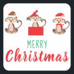 Pegatina Cuadrada Merry Christmas Monkey Viendo Sombrero Santa<br><div class="desc">¡Este es un ilustracion de un mono que hice hace un tiempo pero con un giro de Navidades! Empiezo a entrar en el espíritu de las fiestas y nada me ayuda con eso como la idea de los gorras de Santa y Elf, incluyendo los colores rojo y verde para traer...</div>
