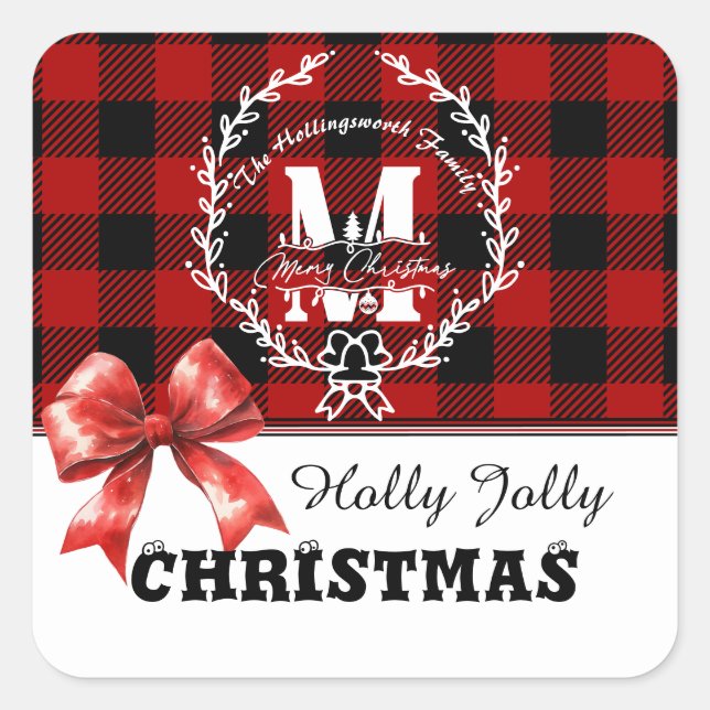Pegatina Cuadrada Merry Christmas Monogram Wreath Buffalo Plaid (Anverso)