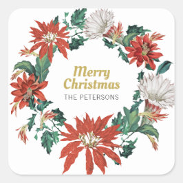 Pegatina Cuadrada Merry Christmas Name Floral Poinsettia Wreath
