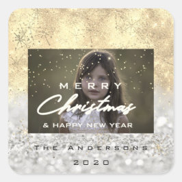 Pegatina Cuadrada Merry Christmas Name Gold Snow Purpurina Photo Gre