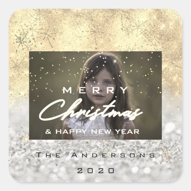 Pegatina Cuadrada Merry Christmas Name Gold Snow Purpurina Photo Gre (Anverso)