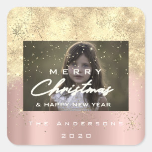 Pegatina Cuadrada Merry Christmas Name Gold Snow Purpurina Photo Ros