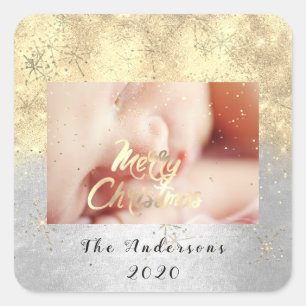 Pegatina Cuadrada Merry Christmas Name Gold Stars Purpurina Photo Gr