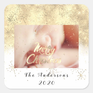 Pegatina Cuadrada Merry Christmas Name Gold Stars Purpurina Photo Wh