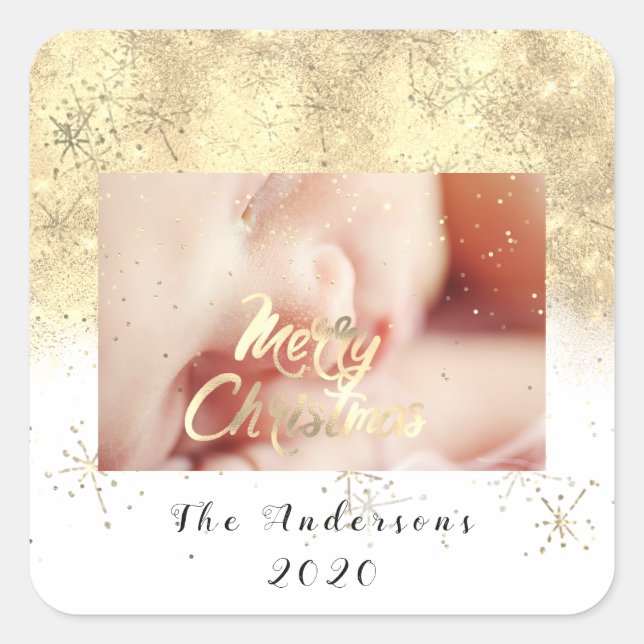 Pegatina Cuadrada Merry Christmas Name Gold Stars Purpurina Photo Wh (Anverso)