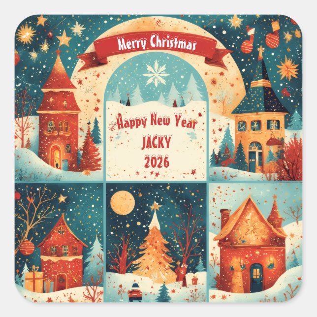 Pegatina Cuadrada Merry Christmas New Year 2026 (Anverso)