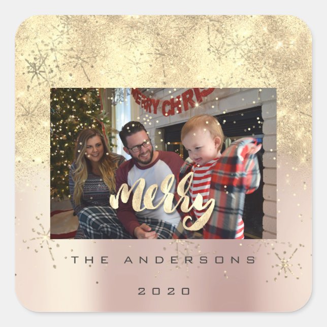 Pegatina Cuadrada Merry Christmas Pink Gold Stars Spark Photo Name (Anverso)