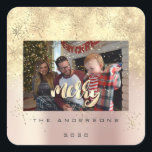 Pegatina Cuadrada Merry Christmas Pink Gold Stars Spark Photo Name<br><div class="desc">diseño florenceK</div>