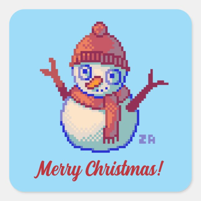 Pegatina Cuadrada Merry Christmas, Pixel Art, pixelart, Snowman  (Anverso)