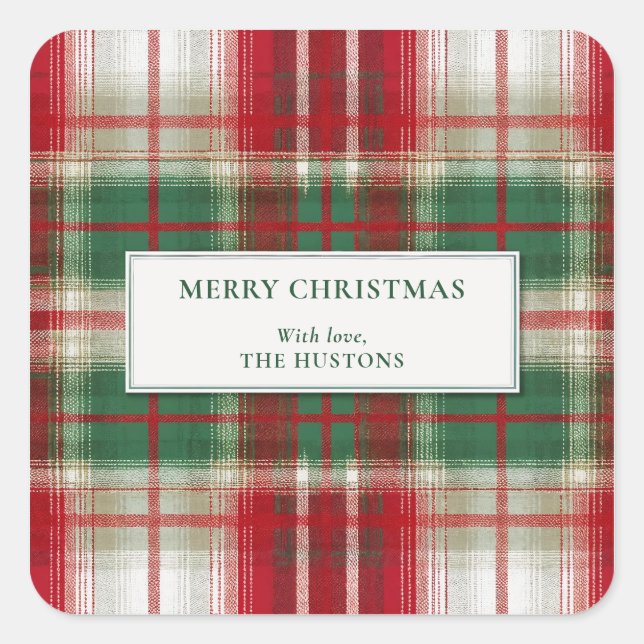 Pegatina Cuadrada Merry Christmas Plaid Holiday (Anverso)