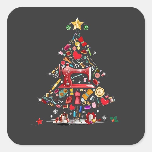 Pegatina Cuadrada Merry Christmas Quilter Árbol de Patchwork Bloque  (Anverso)
