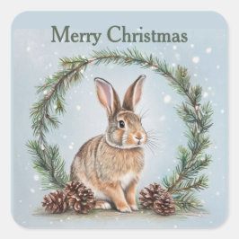 Pegatina Cuadrada Merry Christmas Rabbit and Pine