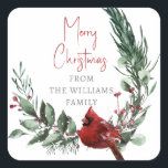 Pegatina Cuadrada Merry Christmas Red Berry Cardinal Bird<br><div class="desc">Esta pegatina navideña bonito con un pájaro cardinal rojo es perfecta para usar como sello para sobres en tarjetas de Navidad o para adjuntar regalos navideños o pequeños regalos para las fiestas. Un cardenal de invierno dulce se acentúa con bayas rojas y hojas botánicas verdes con ramos de pino. Personalice...</div>