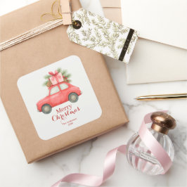Pegatina Cuadrada Merry Christmas Red Car – Personalized Holiday 