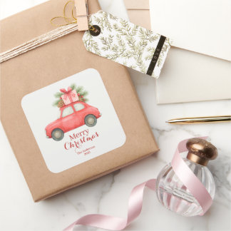 Pegatina Cuadrada Merry Christmas Red Car – Personalized Holiday 